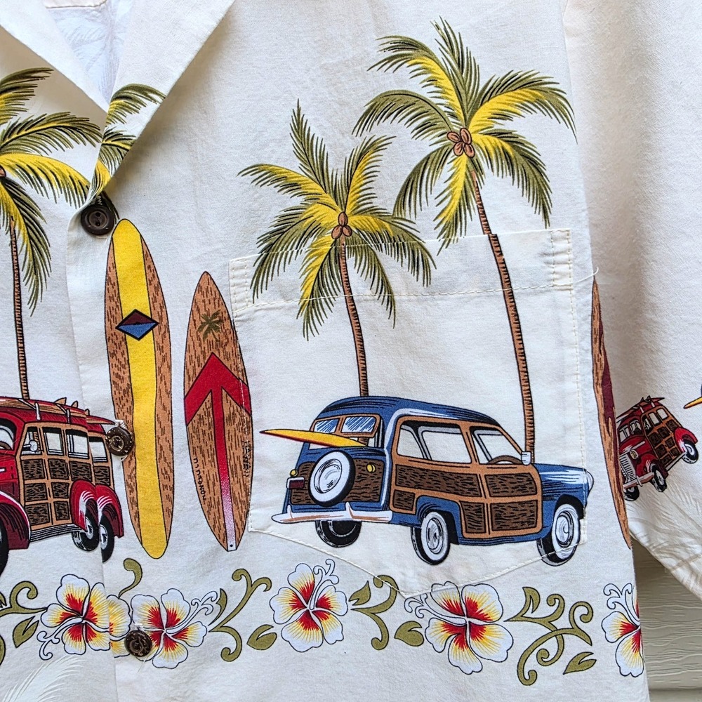 Winnie Fashion Hawaiian Shirt Mens M Cream Surfboards Woody Cars Vtg Y2K Hawaii